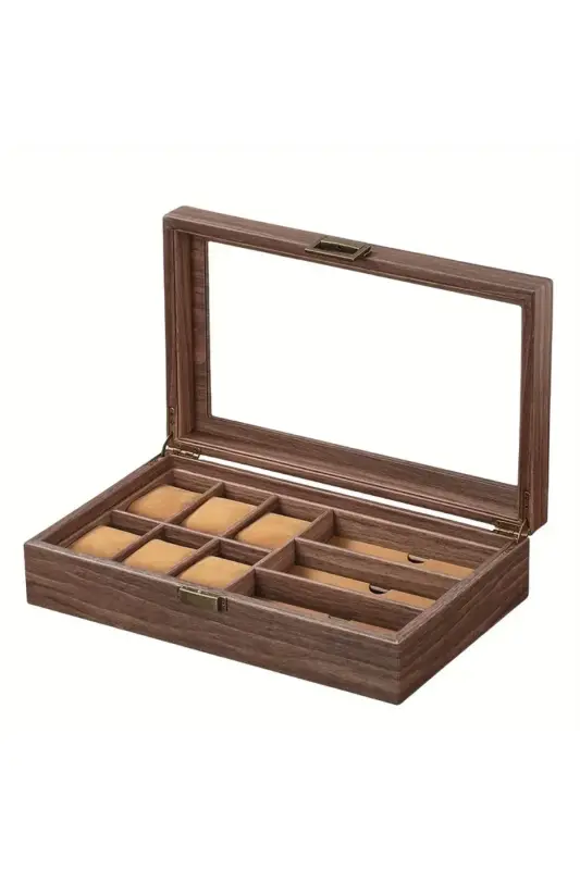 Homebiente Jewelbox Ahşap Kapaklı Saat ve Gözlük Kılıfı 6 Saat + 3 Gözlük Saklama Kutusu - 1