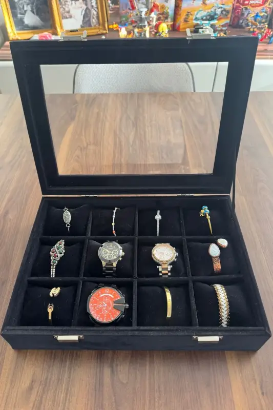 Homebiente Jewelbox Siyah Süet Kumaş Cam Kapaklı 12'li Saat Saklama Kutusu 35x25x9 cm - 1