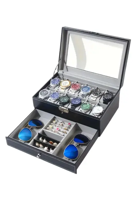  Jewelbox Siyah Suni Deri Çift Katmanlı Saat Gözlük Takı Organizeri - 1