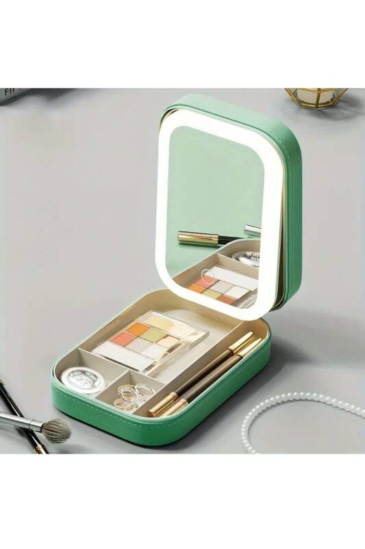 Makeup Bag Aynalı Led Işıklı Katlanabilir Yeşil Makyaj Kutusu - 1